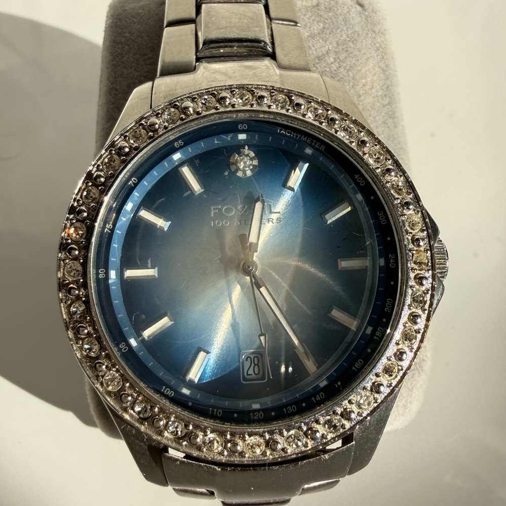 Fossil Blue Dial Watch with Silver and Crystal Details